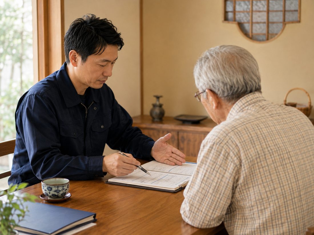 お客様に料金や作業内容をていねいに説明している様子
